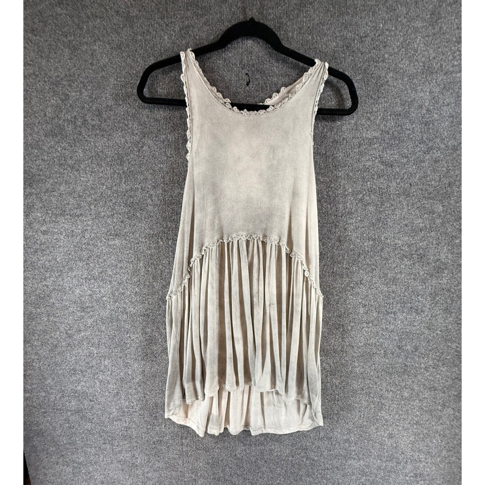 Grey Acid Wash Lace Trim Babydoll Tunic Tank Top Sleeveless Zip Back M